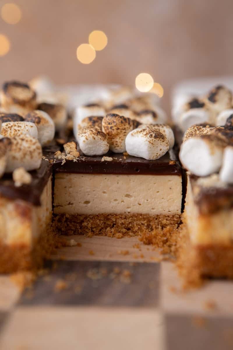 Cross-section of a s'mores cheesecake bar showing graham crust, marshmallow cheesecake, chocolate ganache, and toasted marshmallow topping