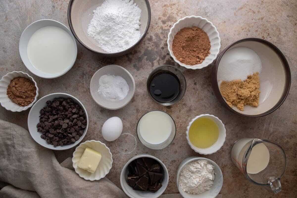 ingredients including sourdough discard, cocoa powder, chocolate, eggs, and oil