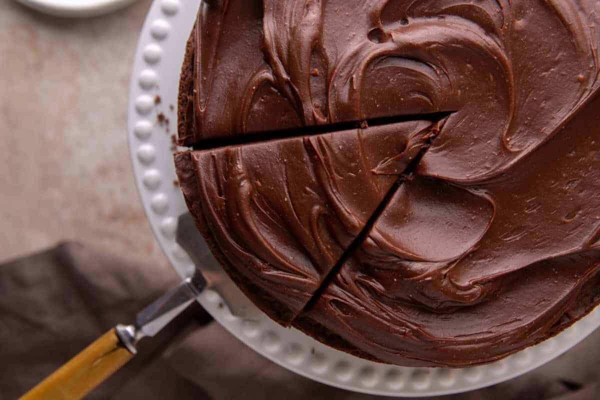 close up overhead view of chocolate ganache on top of a Sourdough Discard Chocolate Cake