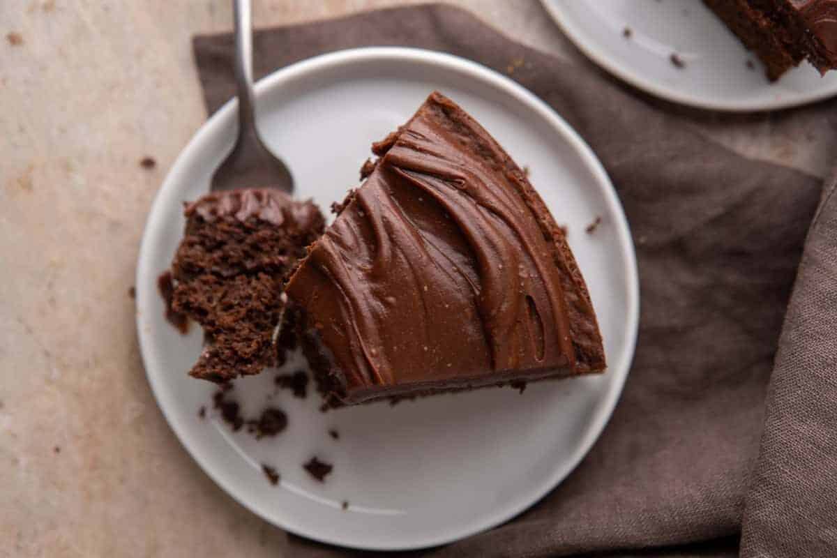 overhead shot of Sourdough Discard Chocolate Cake with chocolate ganache frosting