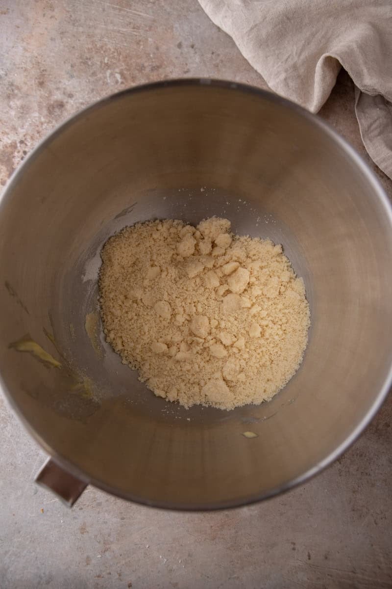 Flour, sugar, and butter mixed in a stand mixer bowl until the texture looks like wet sand