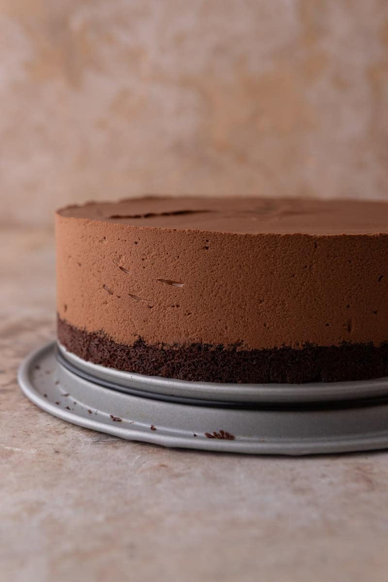 Unmolded chocolate mousse cake showing perfectly smooth sides from the acetate collar, with the dark cake layer visible at the base