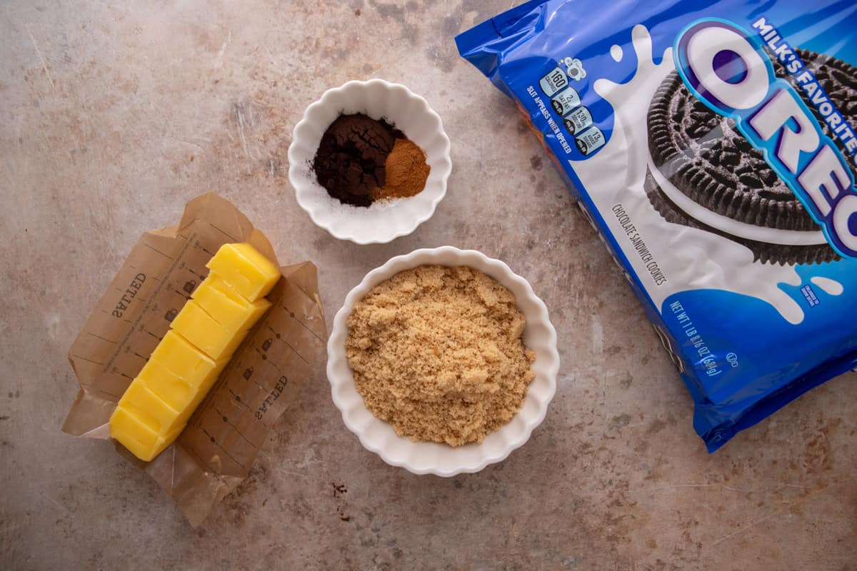 Oreo cinnamon roll filling ingredients with black cocoa, brown sugar, butter, and Oreos