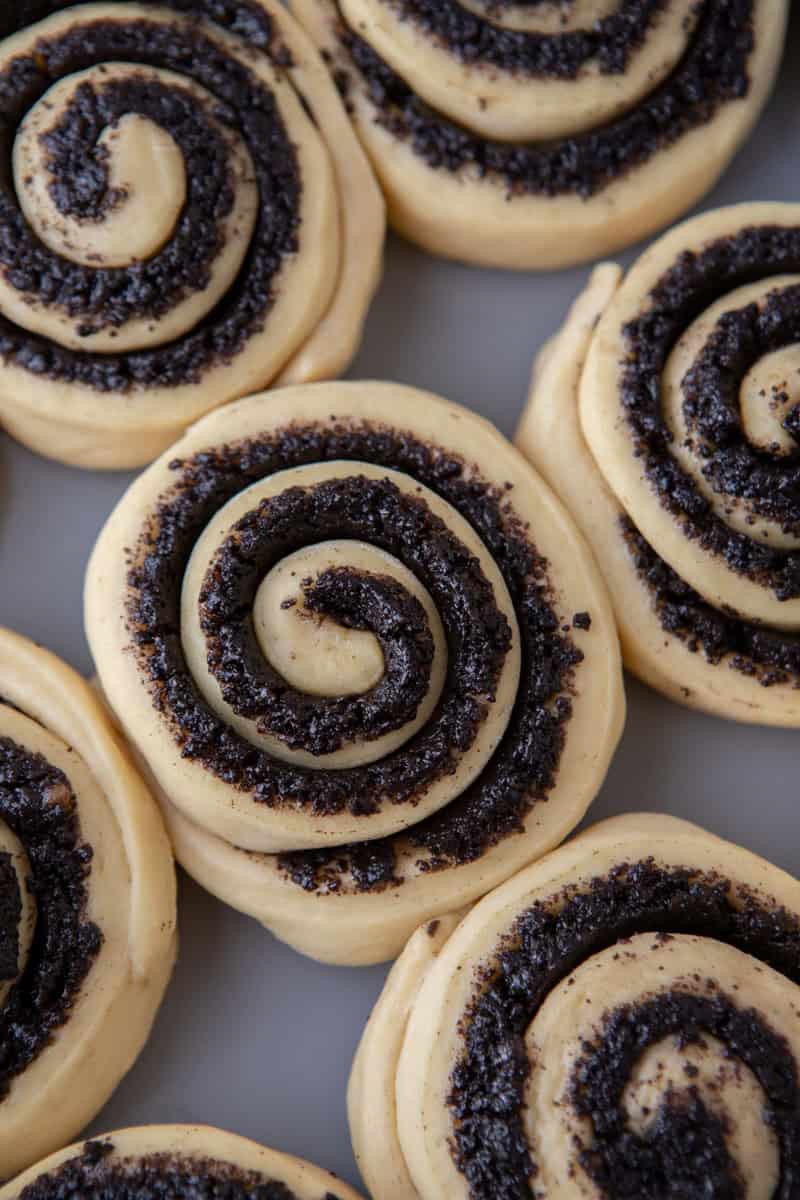 Close-up of Oreo cinnamon roll dough swirls before baking