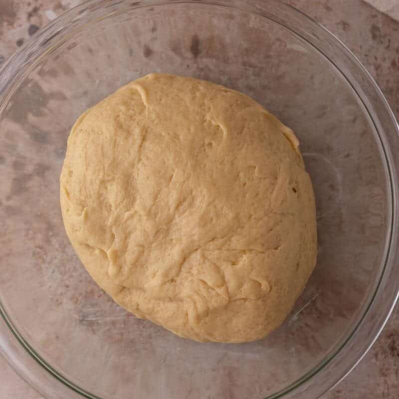 Tangzhong brioche dough in a glass bowl before rising