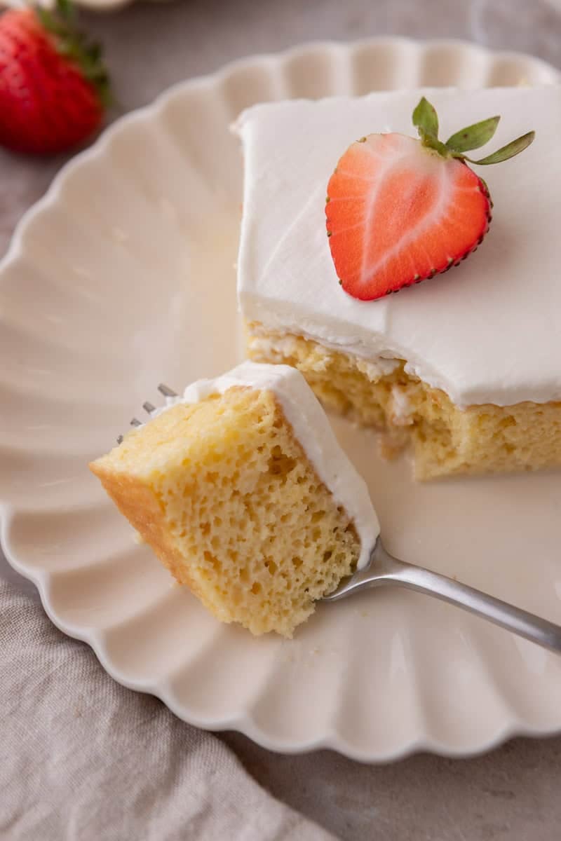 Fork lifting a bite of tres leches cake showing the moist soaked interior