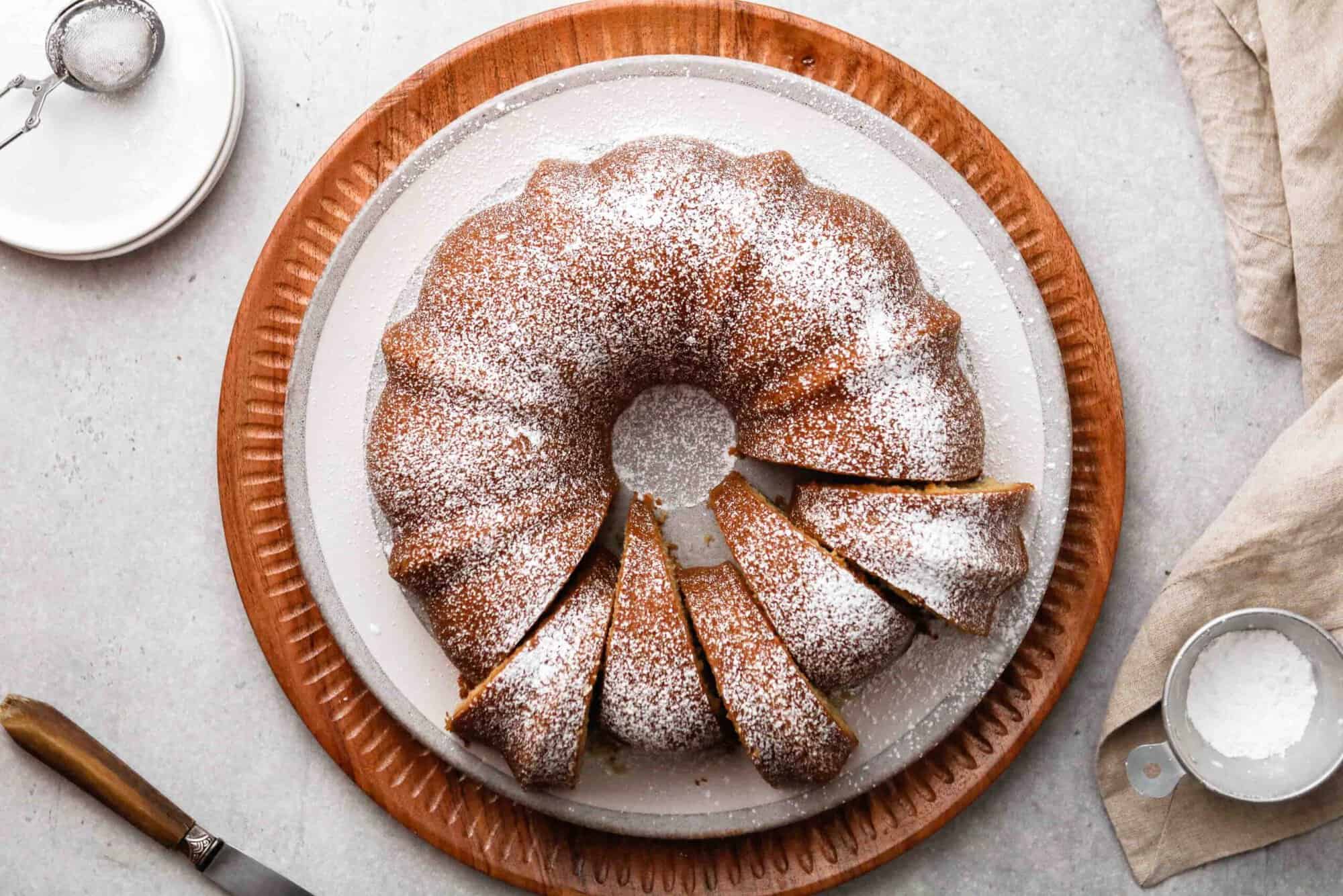 Overhead shot of a classic vanilla bundt cake