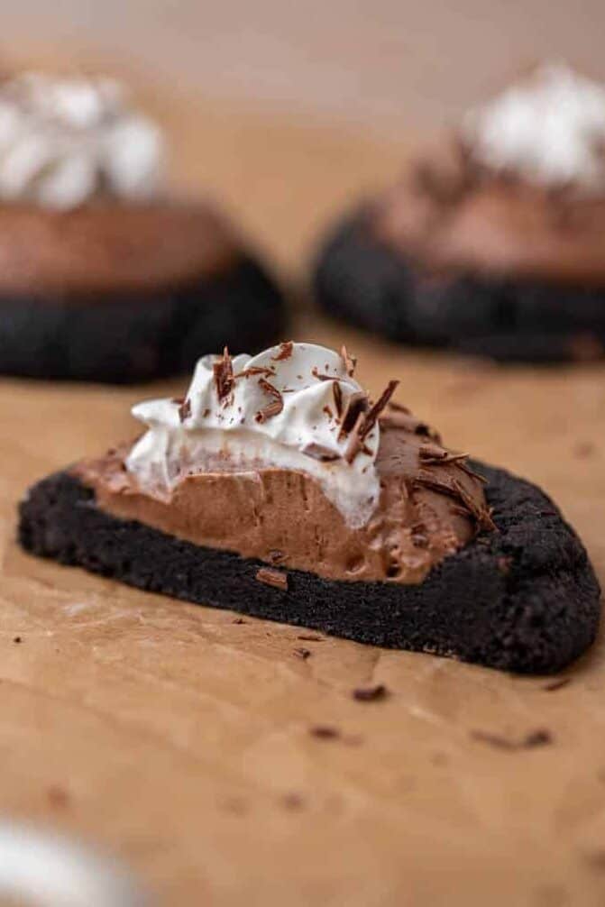 Crumbl french silk pie cookie cut in half