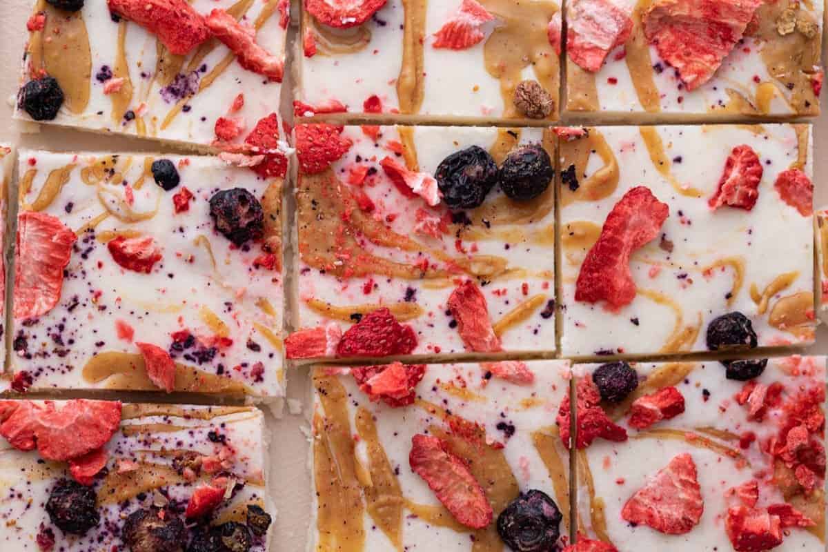 a sheet of frozen cottage cheese bark cut into squares