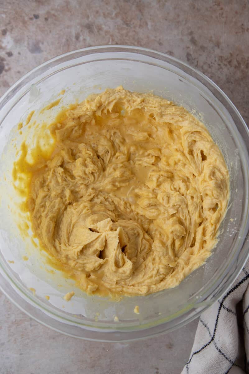 Flour, sugar and softened butter and half the egg mixture beaten together.