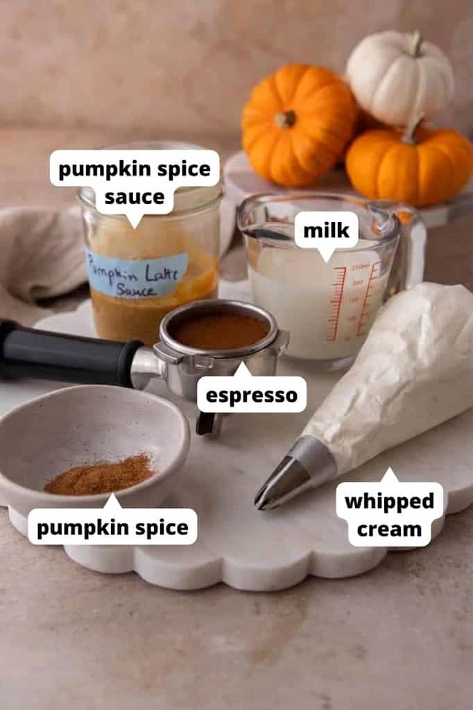 Labeled ingredients for a homemade pumpkin spice latte including pumpkin sauce, espresso, milk and spice.
