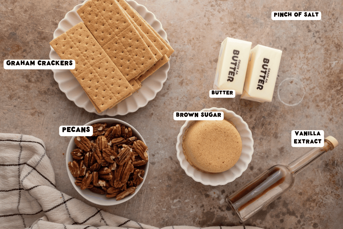 Labeled ingredients for pecan pie bark with graham crackers.