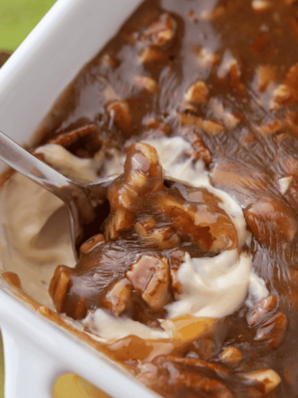 No-bake pecan pie dip with cream cheese and gooey pecan topping.